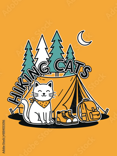 Illustration of a white cat with a bandana standing in front of a tent with camping gear and trees.