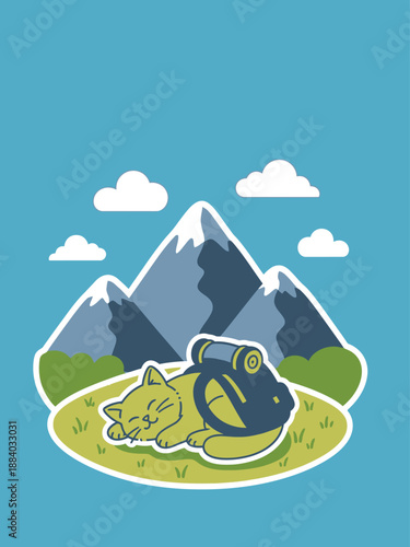 Cartoon cat sleeping outdoors with backpack on mountain landscape.