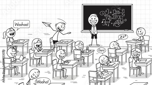 Happy Students in Classroom with Teacher and Math on Blackboard