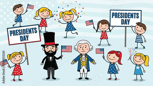 Presidents Day Celebration: Kids with Flags and Historical Figures