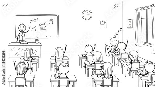 Stick Figure Classroom Scene: Teacher at Whiteboard, Students Learning and Sleeping