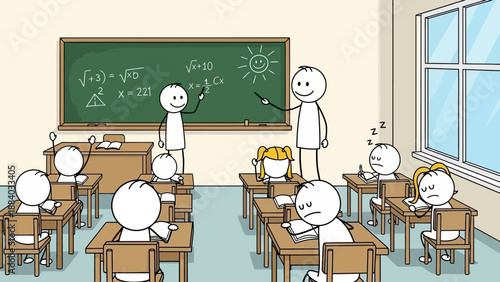 Stick figures in classroom: teacher explaining math on blackboard, students bored, sleeping
