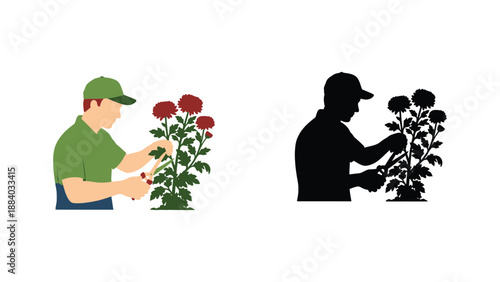 A gardener pruning flowers in different illustration styles and colors