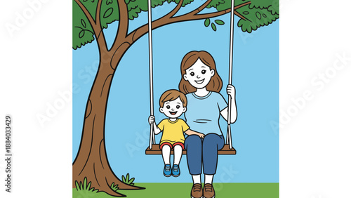A cartoon illustration of a woman and a child on a swing