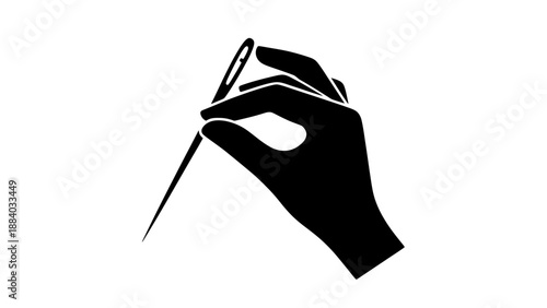 A hand holding a sewing needle and thread in a simple black silhouette