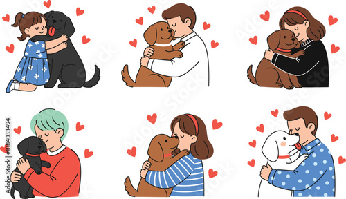 Cute people hugging dogs and cats vector illustration set expressing love, care, companionship, and emotional bonding with pets in cartoon style