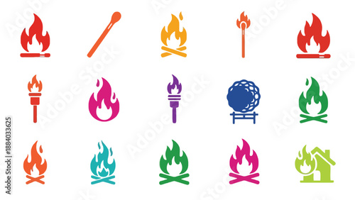 A collection of colorful fire and flame icons on a white background