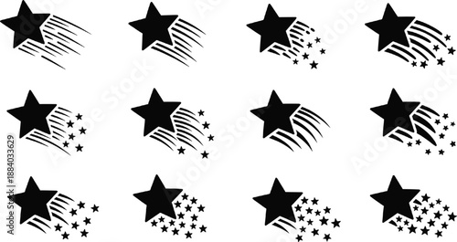Set of black shooting star vector icons with celestial comet trails and falling stardust elements for magic, astronomy, celebration, and decorative graphic design.