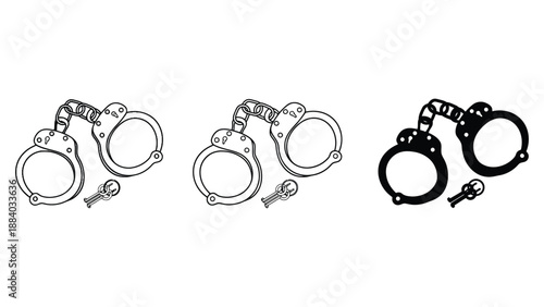 An illustration of three pairs of handcuffs with keys on a white background