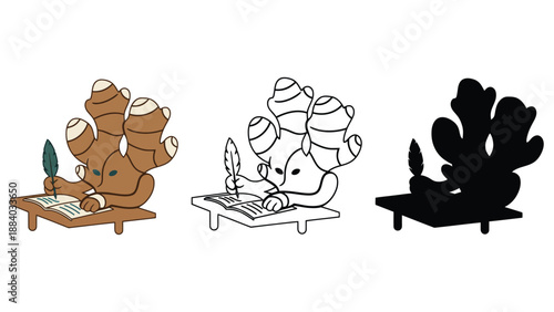 A cartoon character writes with a quill pen in different color styles