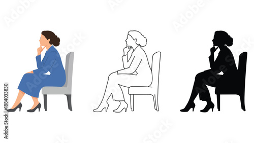 A thoughtful businesswoman sitting in a chair with different color variations