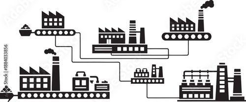 Black factory industrial complex with conveyor belts and smokestacks manufacturing production 1