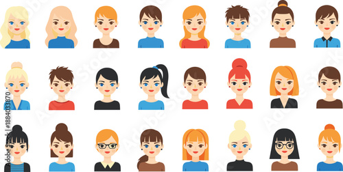 A comprehensive flat vector illustration set featuring diverse female avatars and profile portraits with various hairstyles, hair colors, and modern fashion styles.