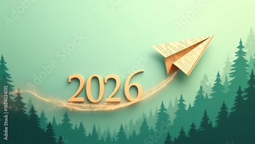 Paper Airplane Flying to 2026 Over Forest with Sparkle Trail