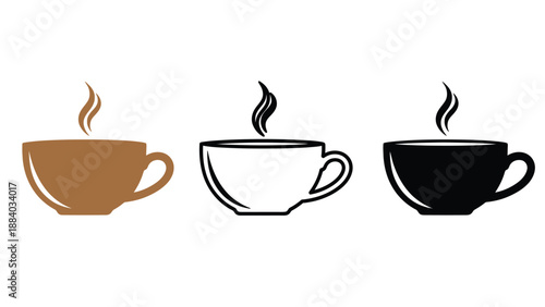 Three steaming coffee cups in different colors on a white background
