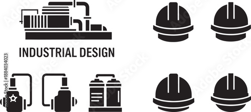 Black industrial equipment and safety hard hats on white background machinery pump