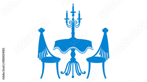 A blue silhouette of a dining table with two chairs