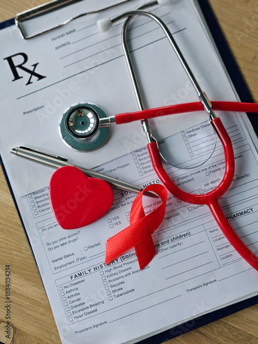 Wallpaper Mural Prescription form with stethoscope, red ribbon, and heart shape on wooden table Torontodigital.ca