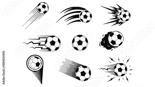 A collection of soccer balls in motion with dynamic graphic effects