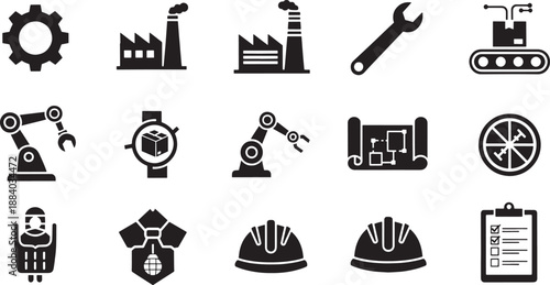 Black industrial including gear factory wrench robot blueprint and hard hat 1
