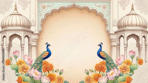 Luxurious Indian Wedding Background Mughal Palace Dome Peacock