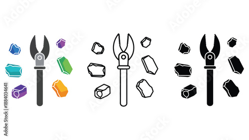 A set of three illustrations of pliers and gemstones in different styles