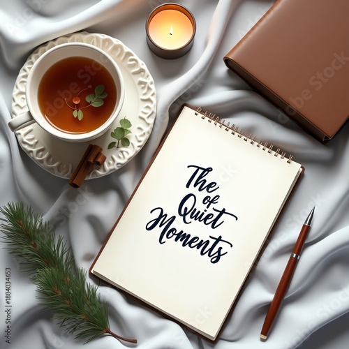 Cozy Still Life with Tea, Candle, Notebook, and Inspirational Message