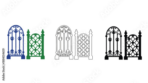 A set of ornate metal gates in various colors and designs