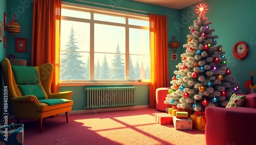 Christmas Living Room Scene with Decorated Tree and Cozy Atmosphere
