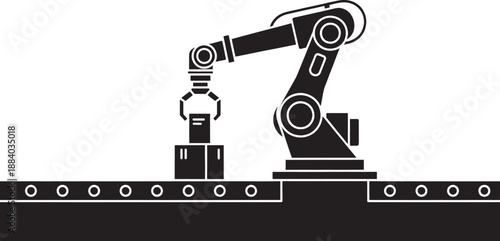 Black robotic arm picking up box on conveyor belt with circles industrial robot automation 3