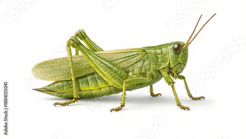 Green grasshopper isolated on white background, highly detailed realistic insect with clean cut out for design and educational use.