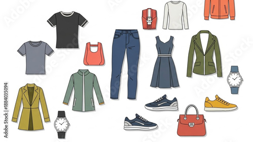 Collection of casual clothing and accessories for men and women.