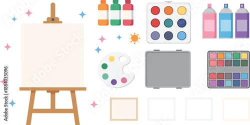 Creative Art Supplies Vector Set Featuring Wooden Easel with Blank Canvas, Paint Palettes, Spray Cans, Colorful Pigment Bottles, and Professional Drawing Tools for Artists and Designers.
