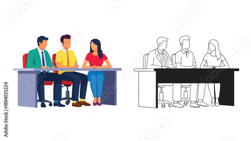 a group of people sitting at a table with outlines and vector illustrations