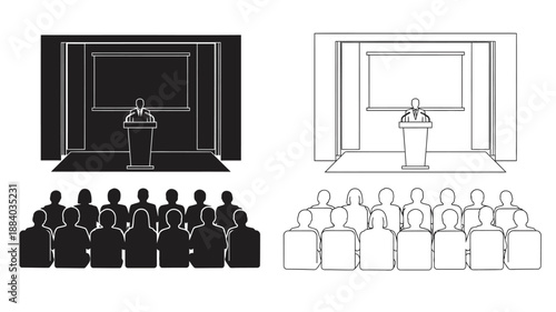 a stage with a podium and audience seating depicted in black and white