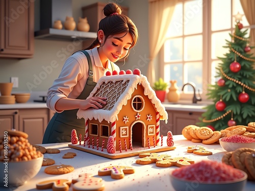 Woman Decorating a Gingerbread House for Christmas Holiday Season