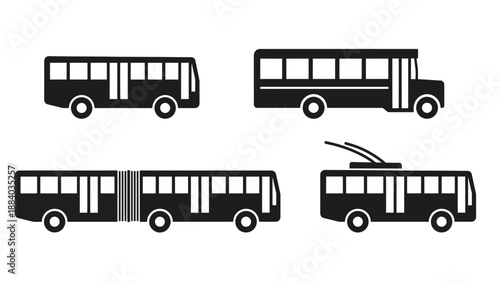 A set of black and white bus icons on a clean background