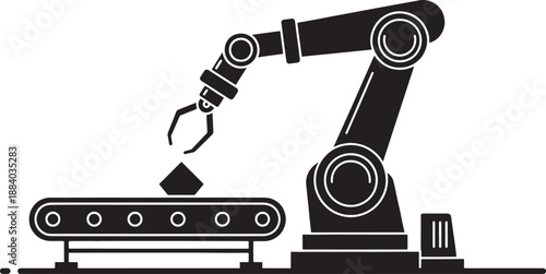 Black robotic arm picking up geometric shape from conveyor belt manufacturing factory