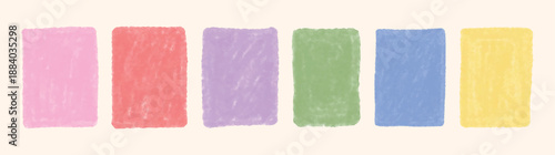 Watercolor rectangular swatches in pastel tones. Hand-painted brush stroke blocks in pink, red, violet, green, blue, and yellow. Soft textured background elements.