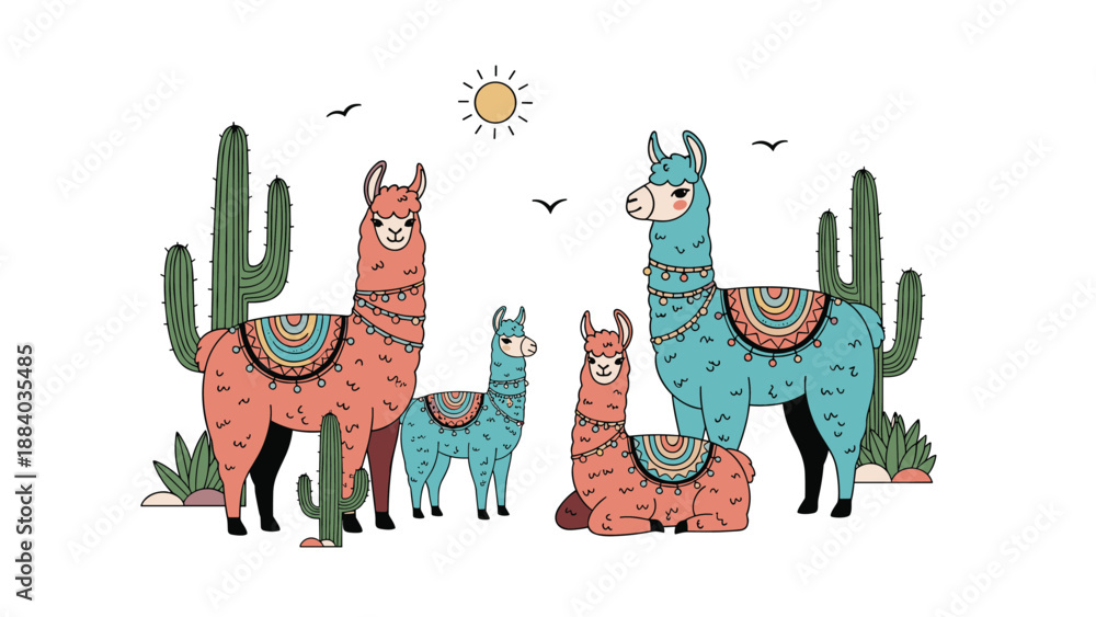 Fototapeta premium Adorable family of colorful llamas stands together peacefully in a bright desert landscape filled with tall green cacti plants.