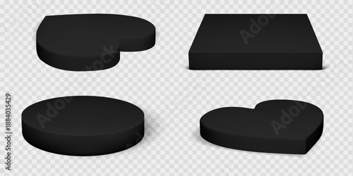 Black podium set with 3d platform base for product display on transparent background. Round cylinder, square pedestal and heart shape stand collection. Іsolated mockup for valentine showcase design