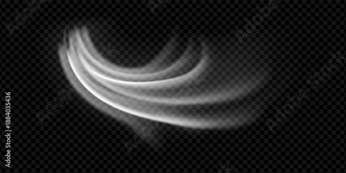 Fresh breeze flow with wind air effect and cool stream for clean background. White wave motion with realistic texture on black conditioner display. Vector png graphic with light overlay effect