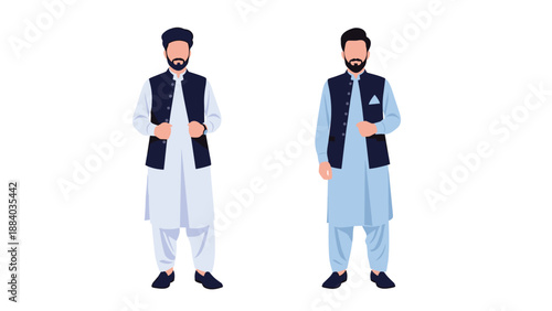 Two men dressed in traditional shalwar kameez with waistcoats representing South Asian cultural fashion and heritage.