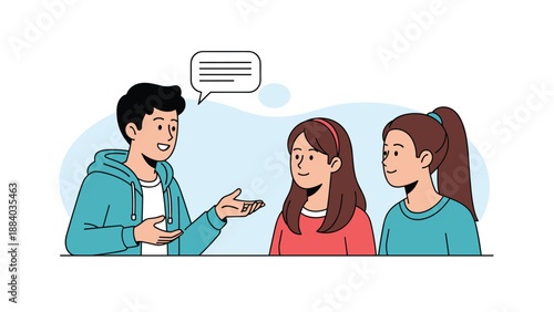 Friendly young man engages in an animated conversation with two teenage girls using a graphic speech bubble for clear communication.