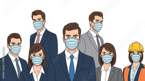 Diverse group of professional business people and a construction engineer wearing surgical face masks for health and safety protection.