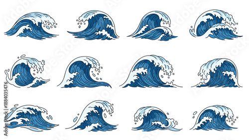 Artistic collection of stylized blue ocean water waves showing various shapes and movement for creative graphic design elements.