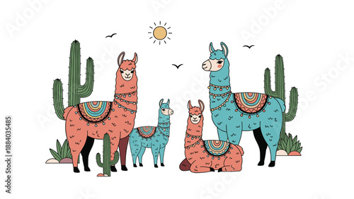 Adorable family of colorful llamas stands together peacefully in a bright desert landscape filled with tall green cacti plants.