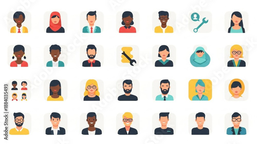 Diverse Group of People Icons Representing Different Professions.