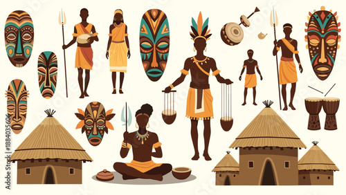 Extensive collection of African cultural elements including traditional tribal masks thatched huts and people in costume.