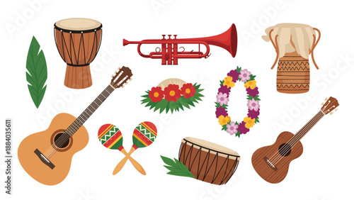 Selection of tropical and traditional musical instruments including drums guitar trumpet and beautiful floral decorations.